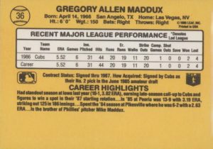 1987 Donruss Greg Maddux Rookie Card (back)